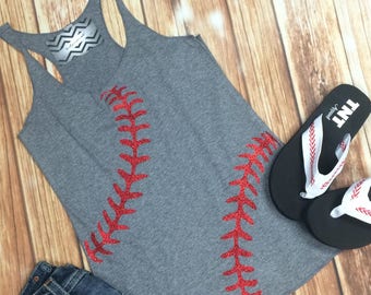 Baseball Tank Top || Baseball Mom || Heather Grey Racerback || Relaxed Fit || Red Glitter Baseball Laces || Lightweight Thin Baseball Tank