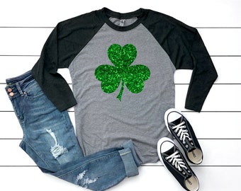 St Patricks Day Shirt || St Patty Day Shirt || Saint Patrick Tshirt || Glitter Shamrock Baseball Raglan || Unisex Lucky Glitter Clover