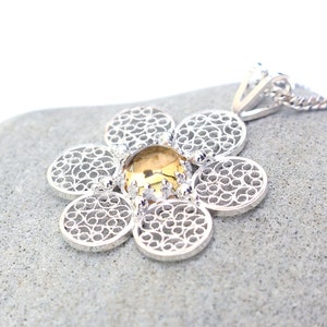 Fine sterling silver lacy flower pendant. Handmade filigree floral jewelry