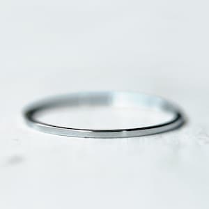 Pu&ograve; includere: Un semplice anello a fascia d'argento su uno sfondo bianco.