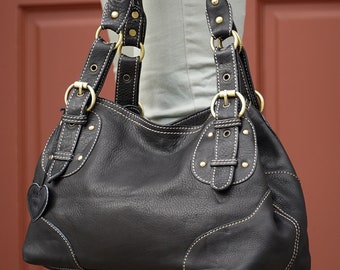 Handmade Black Leather Tote Bag: Full Grain Cowhide Shoulder Bag