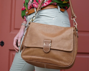 Handmade Leather Shoulder Bag: Full Grain Cowhide Crossbody Flap Bag