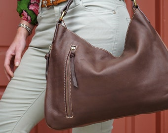 Borsa a tracolla in pelle fatta a mano, morbida borsa in pelle morbida con base espandibile con cerniera