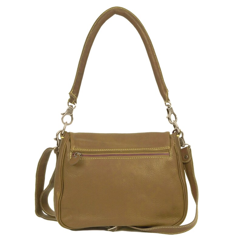 May include: A brown leather shoulder bag with a flap closure and a gold zipper. The bag has a long adjustable strap and a shorter handle.