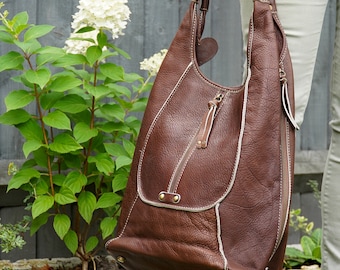 Bolso de hombro grande de piel marrón hecho a mano: bolso con cremallera