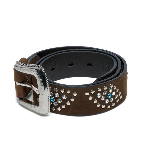 Handmade Tan Brown Leather Belt: Rhinestone Studded Western  display picture 3