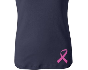 Pink Ribbon Bottom Print Ladies Breast Cancer Awareness V-neck Tee T-Shirt RIBBON-1005