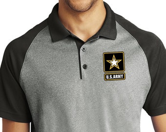 US Army Pocket Print Men&#39;s Raglan Heather Block Polo Shirt ARMY-PP-ST641