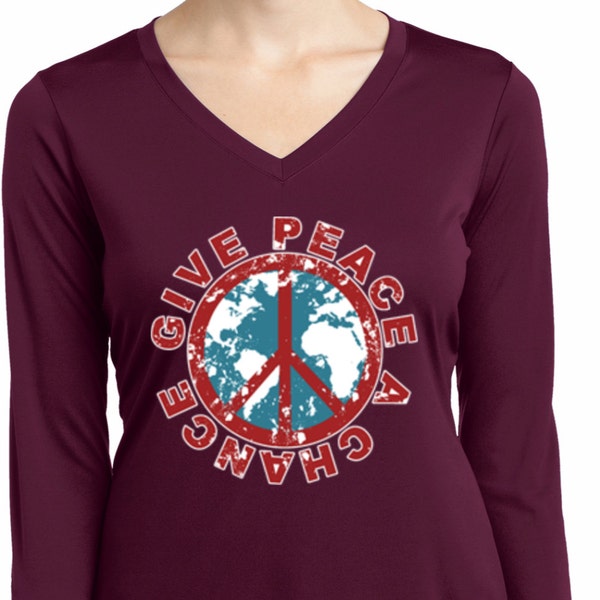 Give Peace a Chance Ladies Moisture Wicking V-neck Long Sleeve Tee T-Shirt GIVEPEACE-LST353LS