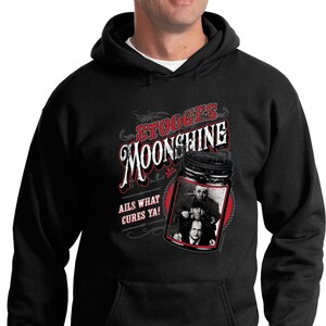 The Three Stooges Moonshine Ails What Cures Ya Adult Unisex Black Hoodie 26280ED2-PC90H