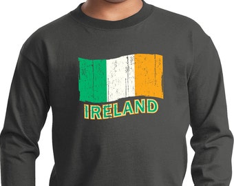 Kid's St Patrick's Day Distressed Ireland Flag Unisex Long Sleeve Shirt XIT-11516-PC61YLS