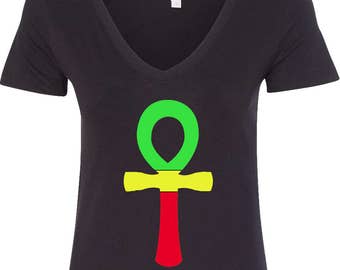 Ladies Rasta Ankh V-Neck Shirt ANKH-N1540