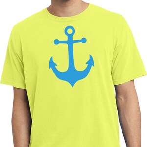 May include: A neon yellow t-shirt with a blue anchor graphic.