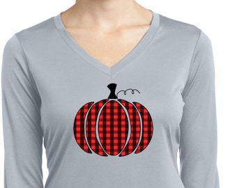 Plaid Pumpkin Ladies Halloween Moisture Wicking V-neck Long Sleeve T-Shirt 23395HD4-LST353LS