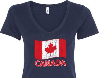 Ladies Distressed Canada Flag V-Neck Shirt CANADA-N1540