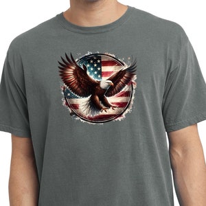 Puede incluir: Una camiseta gris con un gráfico de un águila calva volando frente a una bandera estadounidense.