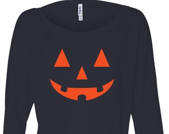 Ladies Halloween Orange Jack O Lantern Off Shoulder T-Shirt ORJACK-8850