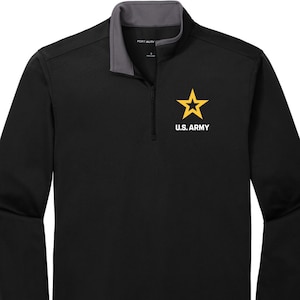 May include: Black long-sleeve shirt with a gray collar and a zipper. The shirt has a yellow star and the text "U.S. ARMY" on the front.