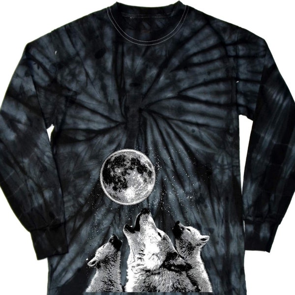 Wolves Howling at the Moon Bottom Print Long Sleeve Tie Dye Tee T-Shirt WOLFMOON-2000