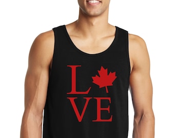May include: A black tank top with a red "LOVE" graphic featuring a Canadian maple leaf.