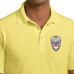 Men&#39;s Sugar Skull Patch Pocket Print Pique Polo Tee T-Shirt PPSUGARSKULL-KP150