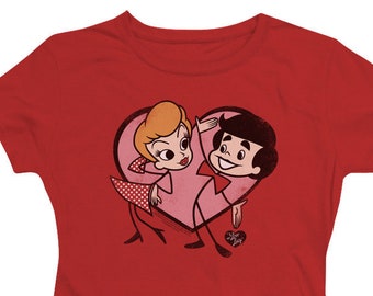 I Love Lucy Cartoon Love Juniors y mujeres camisetas rojas