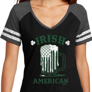 St Patrick's Day Ladies Black/Charcoal Game V-Neck Shirt Irish American Graphic with Beer Mug 26229ED2-DM476