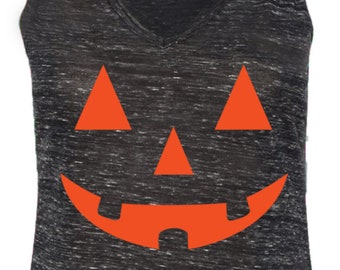 Ladies Halloween Tanktop Orange Jack O Lantern Flowy V-Neck Tank Top ORJACK-8805