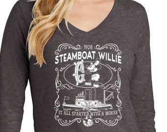 Steamboat Willie 1928 Classic Label It All Started With a Mouse Women's Long Sleeve V-Neck T-Shirt 25909ED2-DT6201