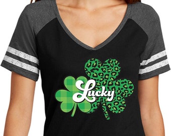 Lucky Green Shamrocks St Patrick's Day Women’s Game V-Neck Tee T-Shirt 24956HD4-DM476