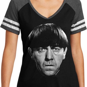 The Three Stooges Moe Face Women’s Black/Charcoal Game V-Neck Tee T-Shirt 26289ED1-DM476