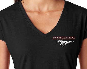 Ford Mustang Pocket Print Ladies Tri-Blend V-Neck Tee T-Shirt 21286D1-PP-6750VL