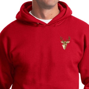 May include: Red hooded sweatshirt with a small embroidered deer head on the left chest pocket.