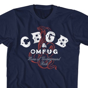 CBGB & OMFUG Home of Underground Rock Snakes Logo Navy Blue Shirts