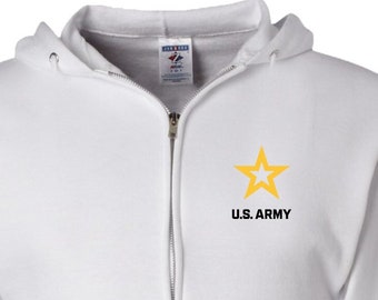 Estrela do Exército dos EUA com estampa preta no peito adulto unissex branco com capuz com zíper completo 25092ED-PP-993