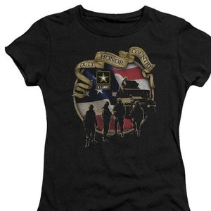 May include: Black t-shirt with a graphic of a military tank and soldiers in front of an American flag. The text "Duty Honor Country" is written in a banner above the flag.
