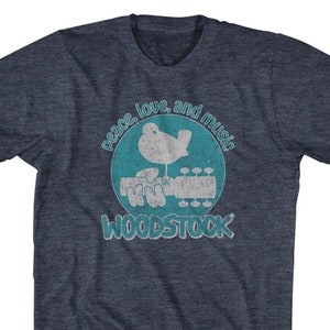 Woodstock Peace Love and Music Heather Blue Shirts