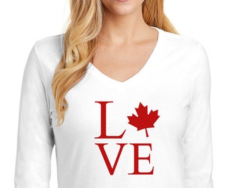 Canada Day Shirt Love Canada Tee Women’s Long Sleeve V Neck Canadian Pride Shirt Travel Gift Souvenir