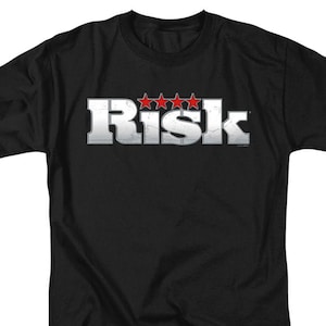 May include: Black t-shirt with a white "RISK" logo and five red stars.