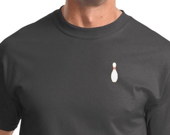 May include: A dark gray t-shirt with a small white bowling pin embroidered on the left chest.