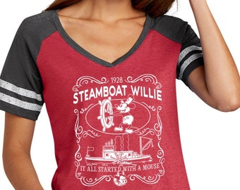 Steamboat Willie 1928 Classic Label It All Started With a Mouse Women’s Game V-Neck Tee T-Shirt 25909ED2-DM476