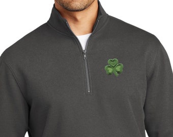 St. Patrick&#39;s Day Embroidered Shamrock Patch Chest Print Fleece 1/4 Zip Sweatshirt 695794-PP-DT6106