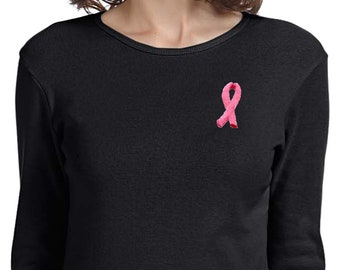 Conciencia del cáncer de mama bordado cinta bolsillo impresión señoras manga larga camiseta camiseta EMBROIDERED-PP-5001