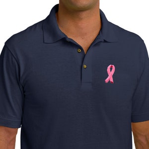 Men&#39;s Breast Cancer Awareness Embroidered Pink Ribbon Pocket Print Pique Polo Tee T-Shirt EMBROIDERED-PP-KP150