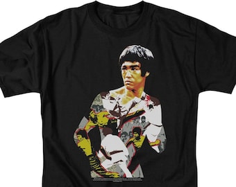 May include: Black t-shirt featuring a colourful image of Bruce Lee in a fighting pose. The image is a collage of various photos of Lee in action.