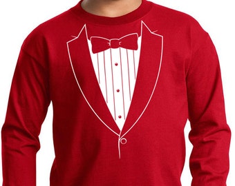 Kids Tuxedo Shirt Funny Formal Long Sleeve Tee Wedding Party Ring Bearer Outfit - Basic White Tuxedo