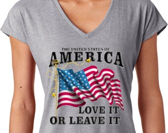 America Love It or Leave It Shirt Patriotic 4th of July Tee USA Pride Graphic Womens V Neck Triblend Gift