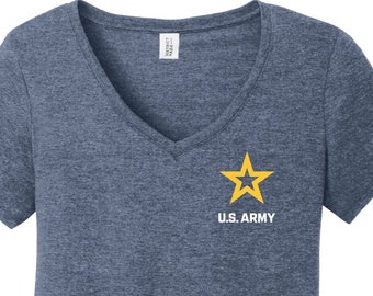 Camisa feminina com estampa de peito branco estrela do exército dos EUA com decote em V tri-mistura 25093ED-DM1350L