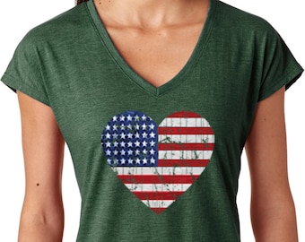 Distressed USA Heart Ladies Tri-Blend V-Neck Tee T-Shirt WS-16253-6750VL