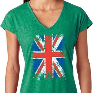 Distressed Union Jack Ladies Tri-Blend V-Neck Tee T-Shirt UNIONJACK-6750VL